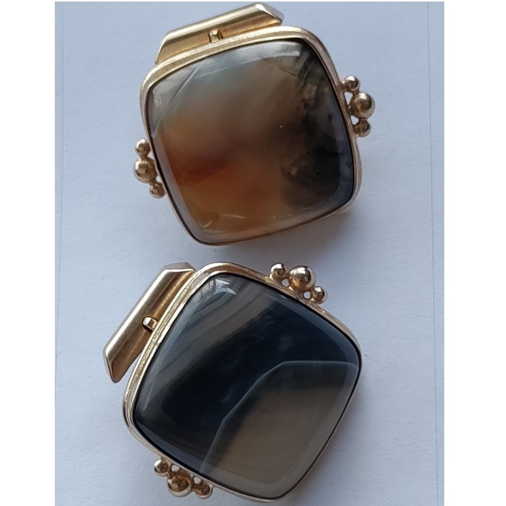 Huge Vintage Gold Toned Swank Natural Agate Cufflinks